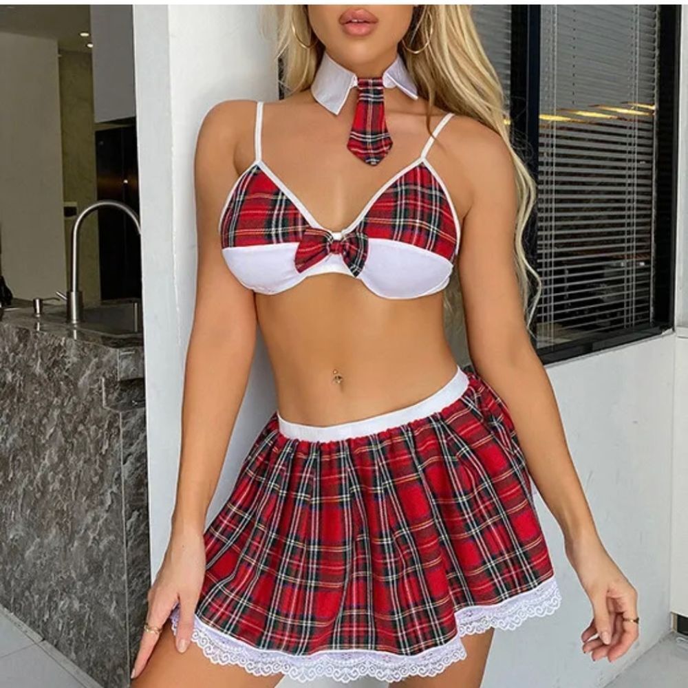 Women Girl Sexy Lingerie Student Uniform Cosplay Underwear Lace Hollow Dress Set